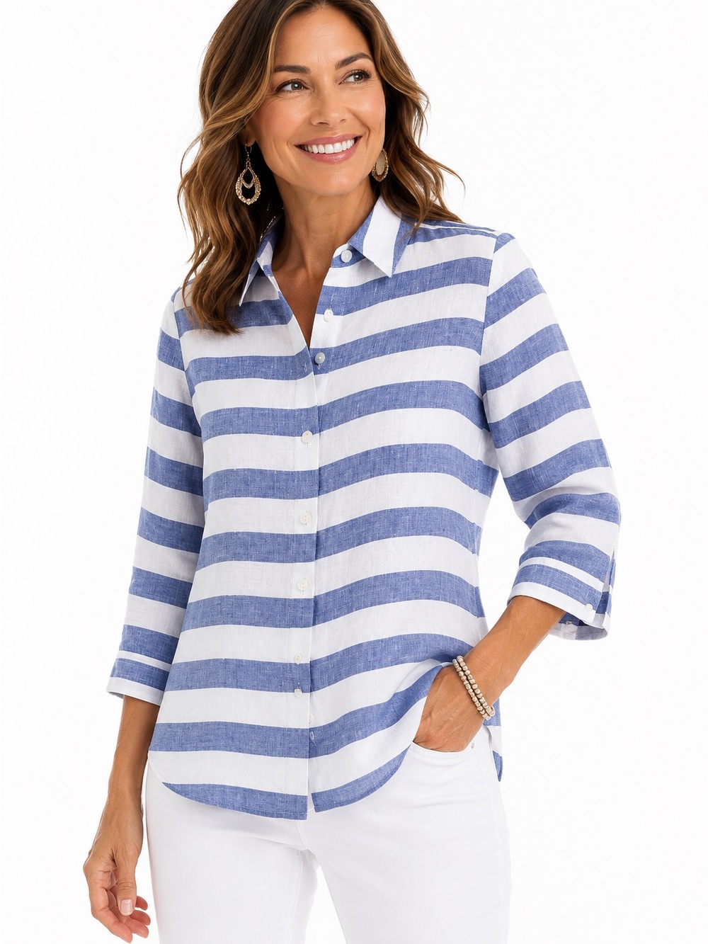 Chico’s 0‎ (4) Petite 100% Linen Blue White Stripe Button Front Shirt Coastal